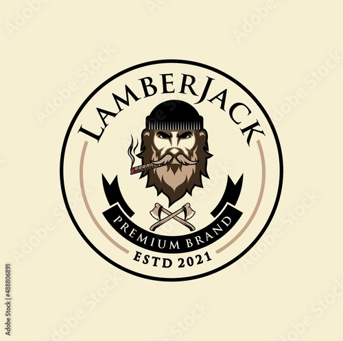 lumberjack skull with mustache and beard mascot logo. man face head with ax illustration vector