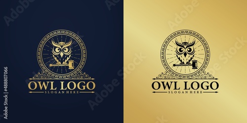 owl logo with law hammer luxury premium design