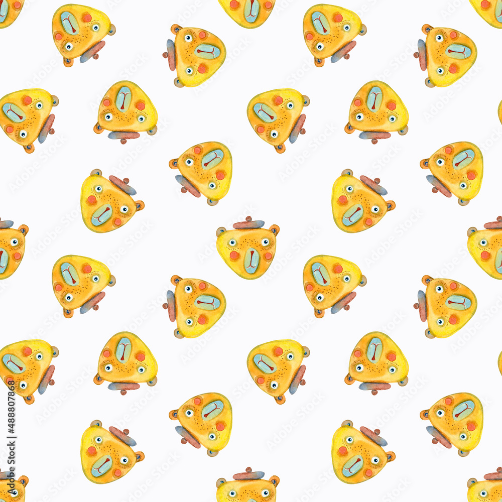 The background for children is a yellow cartoon bear. Watercolor illustration, seamless pattern on a white background. teddy bear in a hat.
