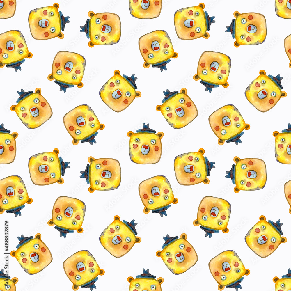 The head of a cheerful bear cub in a hat. Yellow, orange color scheme. Seamless pattern for children. The head of a cheerful bear cub in a hat. Yellow, orange color scheme. Seamless pattern for children.