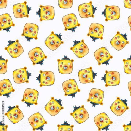 The head of a cheerful bear cub in a hat. Yellow  orange color scheme. Seamless pattern for children.