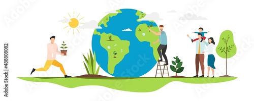 Eco. Save the planet. People live in an ecosystem. Saving eco life. Vector.