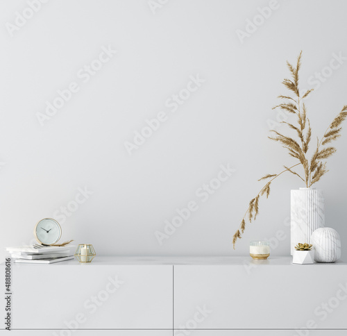 Blank wall mockup in simple minimal interior, 3d render