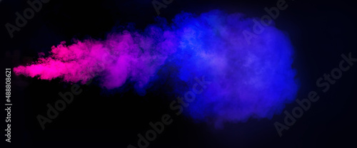 Panoramic view of the abstract neon fog. Colourful cloudiness, mist or smog moves on black background.