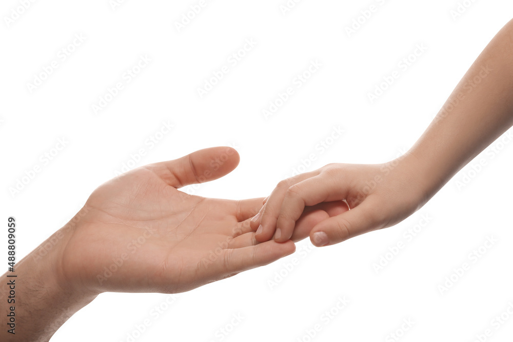 Man with child on white background, closeup Man with child on white background, closeup