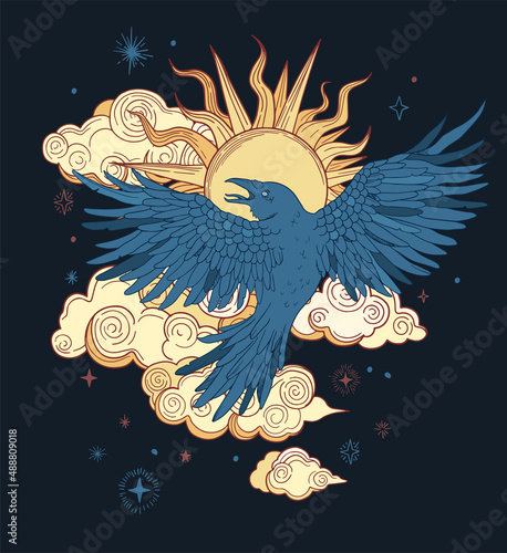 illustration with raven on cosmic background, night sky, with stylized stars and clouds