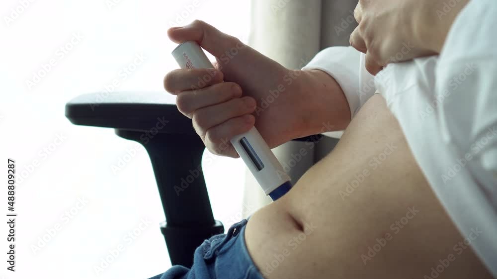 Sedative Self Injection Woman doing Self-inject migraine medical treatment to prevent or reduce ...
