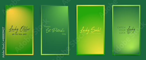 Spring Patrick's day stories design template set. Story gradient layout for promo greeting card design for lucky sale promotion. Green and Yellow elegant smooth social post posters set.