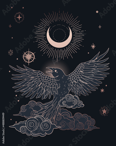 abstract illustration esoteric flying bird - raven with half moon in the sky, black and gold