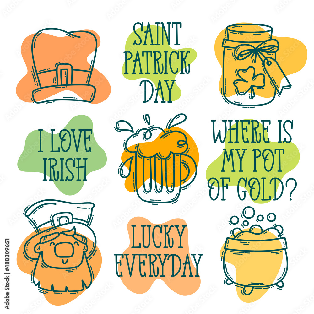 St. Patrick's Day doodle style hand-drawn icon set with simple engraving effect and lettering on an abstract blob shape. Cute Irish holiday symbols and elements collection. St. Patrick's Day doodle style hand-drawn icon set with simple engraving effect and lettering on an abstract blob shape. Cute Irish holiday symbols and elements collection.