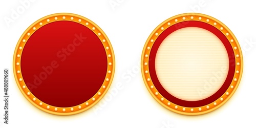 Round signage with light bulbs. Classic casino, theater, cinema or club retro decor. Mockup for trendy graphic designs.