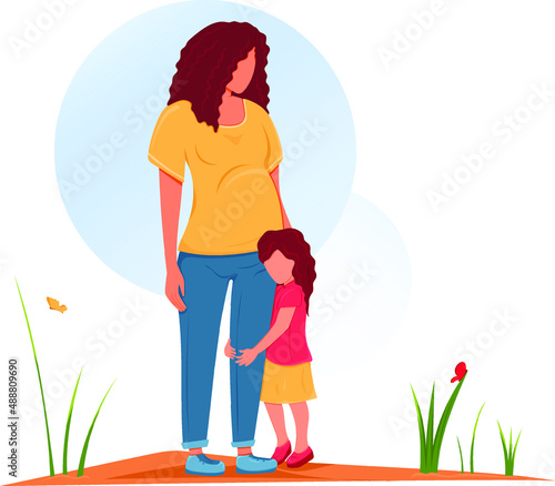 Little girl hugging her pregnant mother. Family is waiting new baby. Vector illustration of mom with tummy loving and caring about her older child