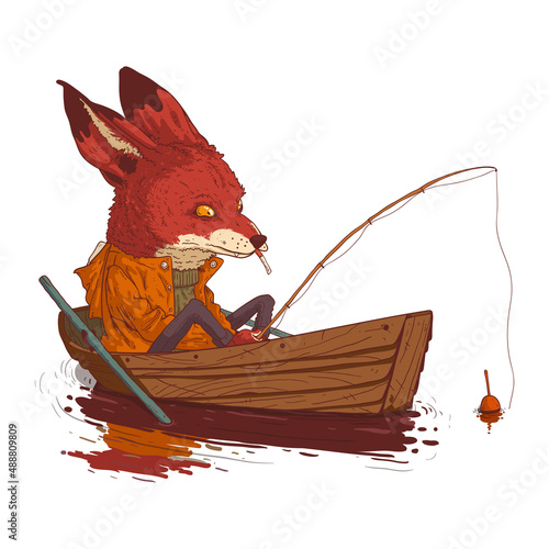 A Fisher fox, vector illustration. Calm anthropomorphic fox in yellow raincoat smoking a cigarette, fishing from the boat. Humanized fennec with a fishing rod. An animal character with a human body