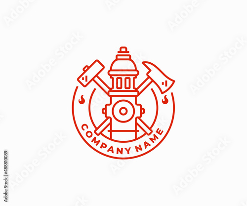 Fire department logo design. Fire hydrant with fire axe and sledge hammer vector design. Fire dept emblem, firefighting logotype