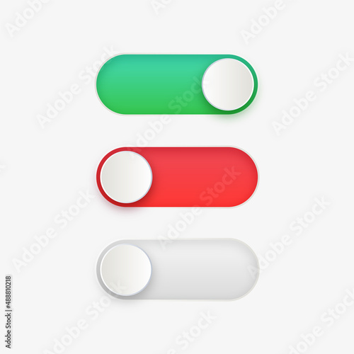 On Off toggle switch buttons, yes or no with switch slider in modern toggle, green and red switchers for user interface, apps and website 