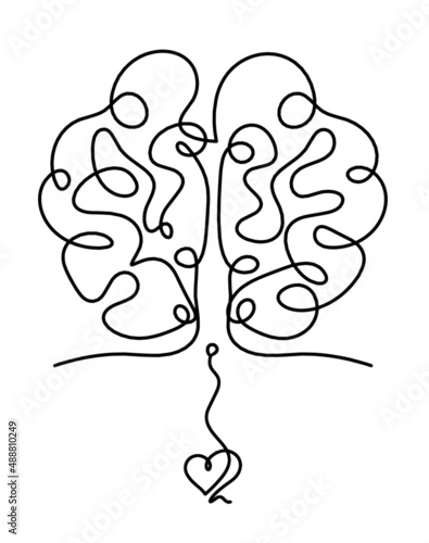 Man silhouette brain with heart as line drawing on white background. Vector