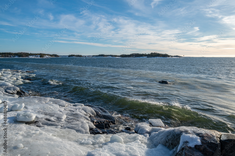 View of the coast and Gulf of Finland in winter, Kopparnas, Inkoo, Finland