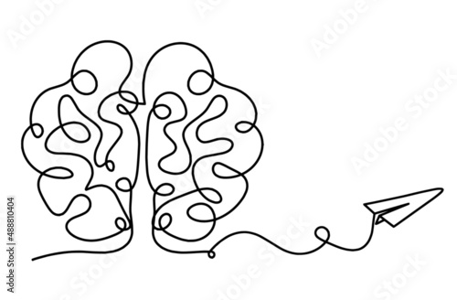 Man silhouette brain with paper plane as line drawing on white background. Vector photo