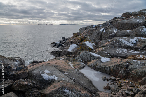 View of the rocky shore of Puistovuori and sea, Hanko, Finland photo