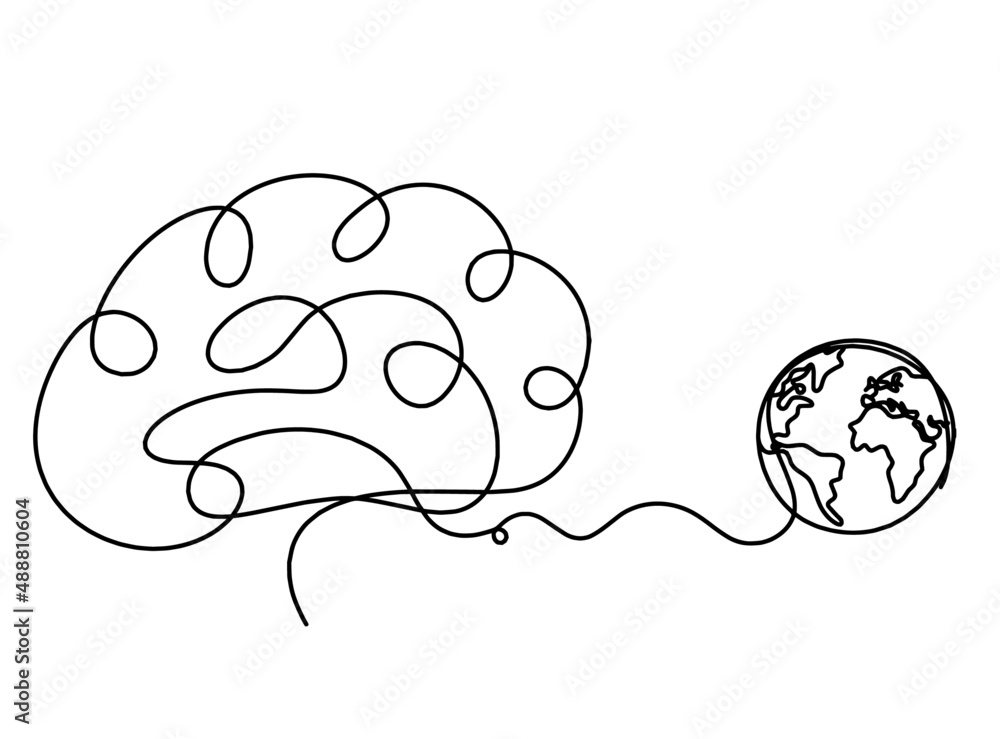 Man silhouette brain with globe as line drawing on white background. Vector Man silhouette brain with globe as line drawing on white background. Vector