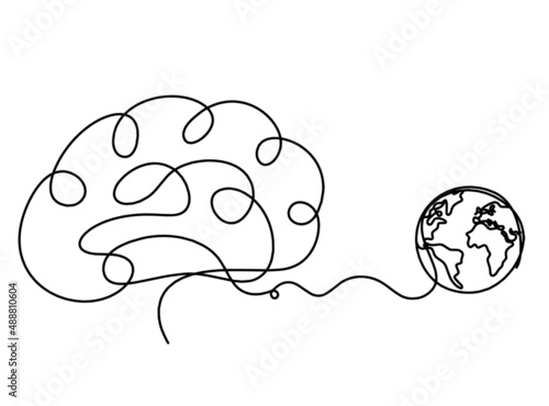 Man silhouette brain with globe as line drawing on white background. Vector © suns07butterfly