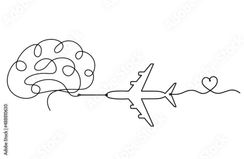 Man silhouette brain with plane as line drawing on white background. Vector photo