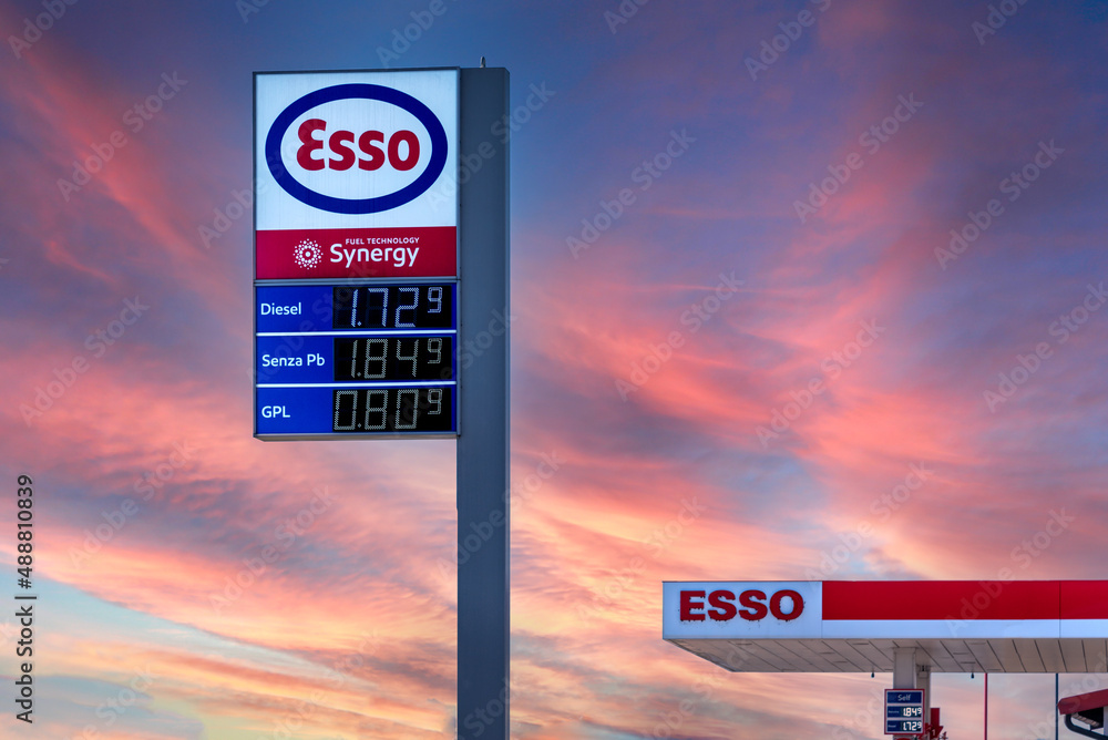 Fossano, Italy February 22, 2022 Esso logo sign with fuel Euro price