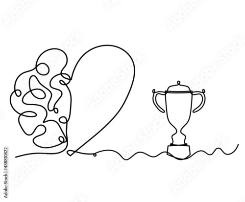 Man silhouette brain with trophy as line drawing on white background