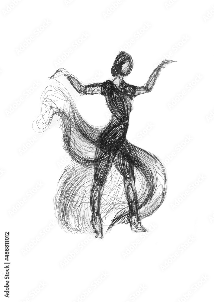 Fototapeta premium image in watercolor on paper, traditional technique. Black and white graphics, liner. Dance.