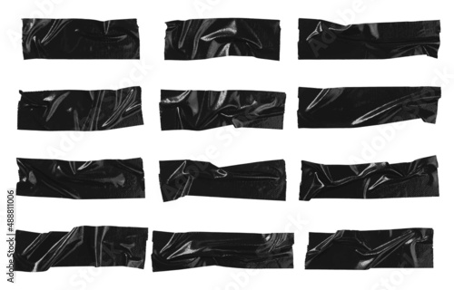 Black wrinkled adhesive tape of different sizes isolated on white background. Vector illustration.
