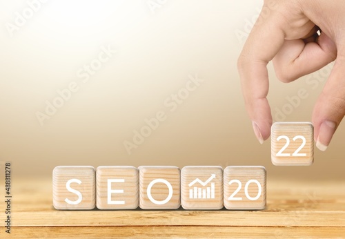 SEO, Search Engine Optimization 2022, wooden block represents growing business goals