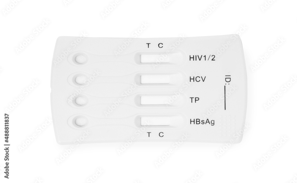 Disposable express test for hepatitis on white background, top view