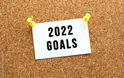 2022 GOALS is written on a card attached to the corkboard with a button. Reminder on the office board.