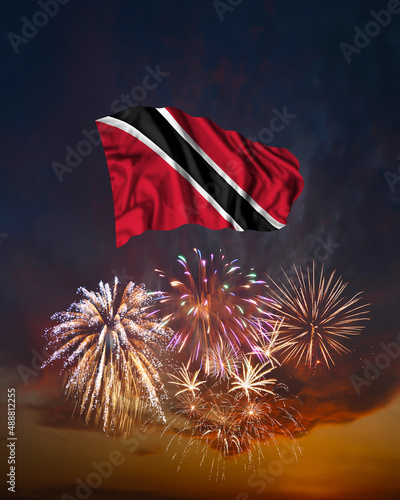 Holiday fireworks and flag of Trinidad and Tobago