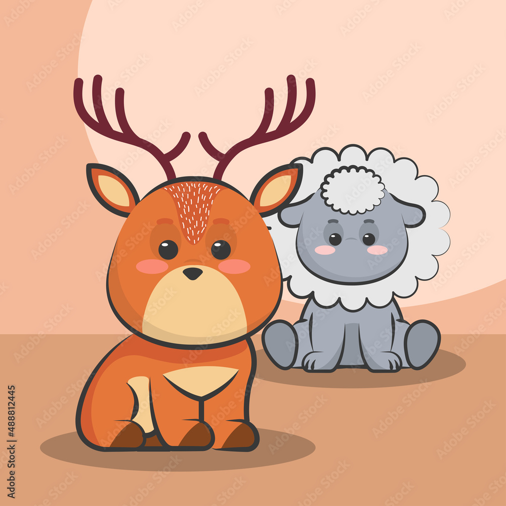 Fototapeta premium kawaii sheep and deer