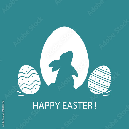 Happy Easter!  Postcard with bunny silhouette, and decorated eggs. Modern minimalist style. Vector flat illustration.