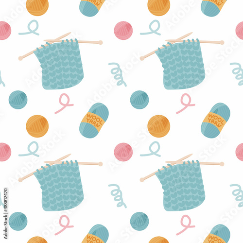 Knitting workshop seamless pattern for handmade goods. Background, backdrop, texture. Concept for wrapping paper, web banner, scrapbooking. Vector illustration