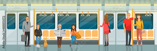High speed transport leaving tunnel to metro. Public transport, train for transporting metro passengers. Train of subway with automatic doors. Modern tramway at underground station platform