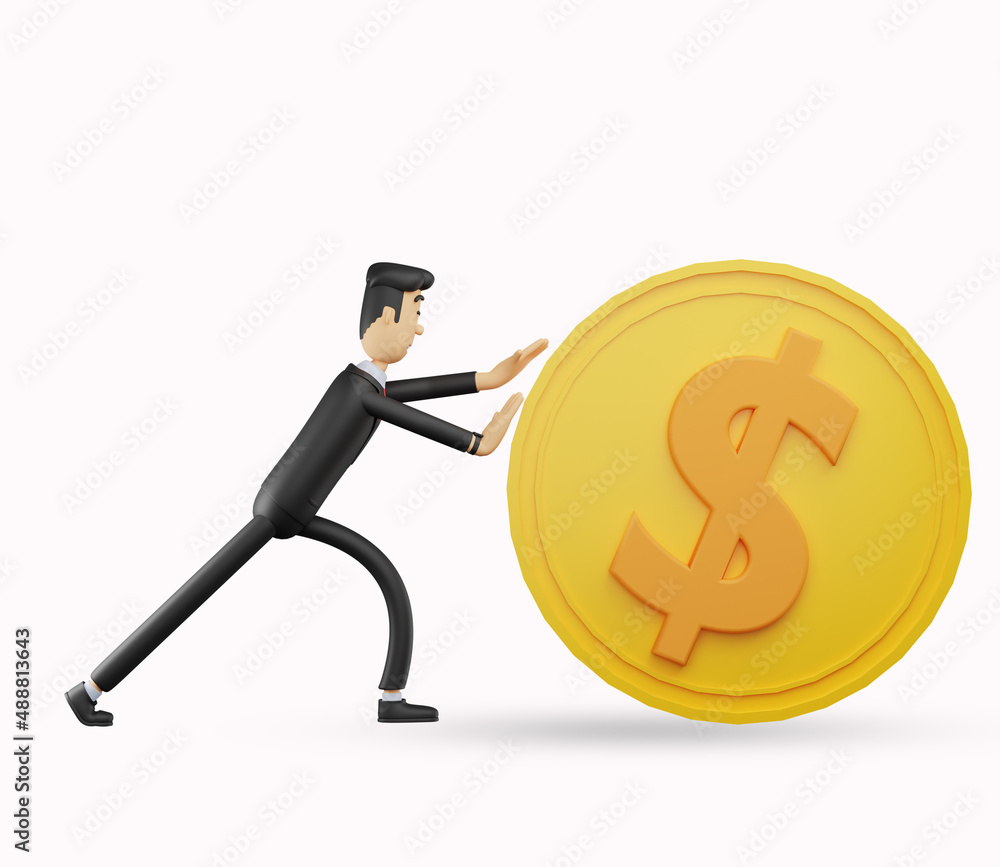 3d bussiness man character leaning on dollar coins isolated on white background .3d render illustration 3d bussiness man character leaning on dollar coins isolated on white background .3d render illustration
