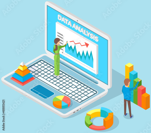 Woman looks at dynamics of statistical change on laptop screen, works online. Employees analyze business reports with statistics. People working on financial data research. Man examines bar chart