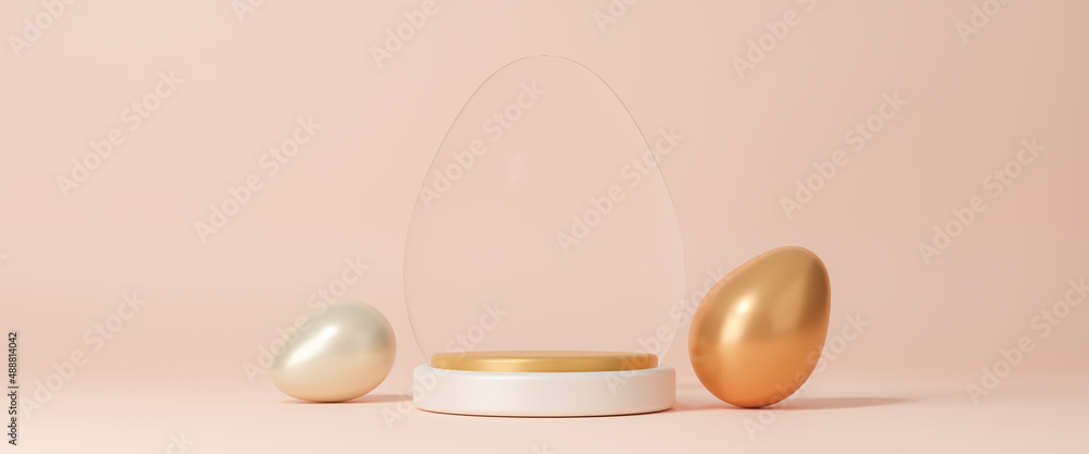 Easter eggs podium for product presentation, happy easter day concept, minimal scene with pedestal and egg, Easter day with geometry platform for product, showcase on pedestal display, 3d rendering - obrazy, fototapety, plakaty 