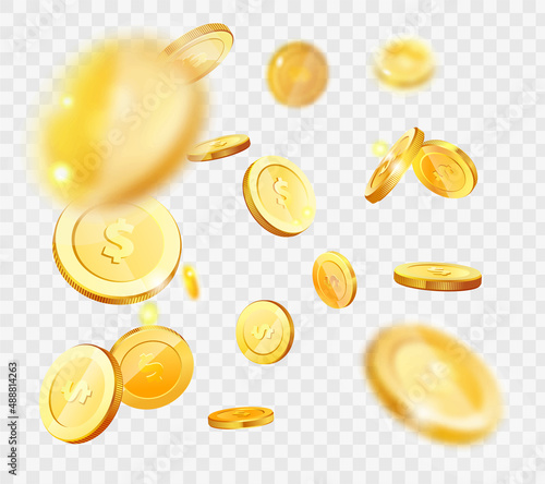 Isometric gold coins with dollar sign in various projections. Gold money cash symbol isolated on white background. Banking, business, financial operations for web apps infographics vector illustration