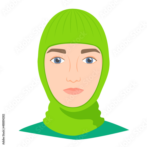 Man wearing balaclava helmet. Trendy worm headgear for cold weather. Facial mask for the whole head to wear under helmet in flat style. Vector