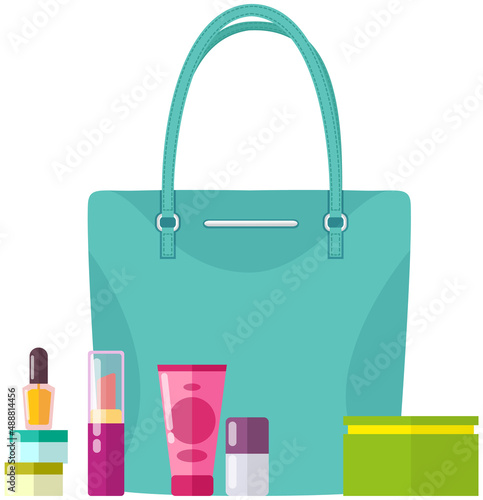 Cream, perfume, cosmetics and pomade. Contents of woman s handbag. Vanity table. Concept of beauty bloggers, fashion and glamour. Elegant ladies leather bag, female accessories for makeup and care