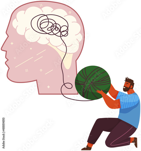 Decision of psychological problems. Man untangles ball of thread in head. Psychological assistance, maintaining brain activity. Psychotherapy, mental mindset type, development of personality