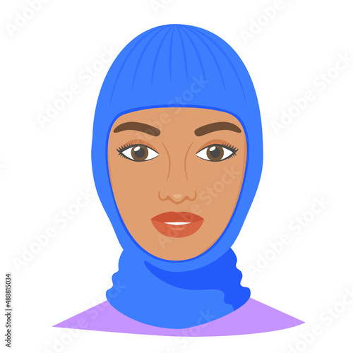Black woman wearing balaclava helmet. Trendy worm headgear for cold weather. Facial mask for the whole head to wear under helmet in flat style. Vector