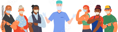 Stop coronavirus agitation concept. Vaccination promo, immunization of workers. Vaccine saves lives. People wearing protective mask showing their arm with bandage after receiving covid-19 vaccine