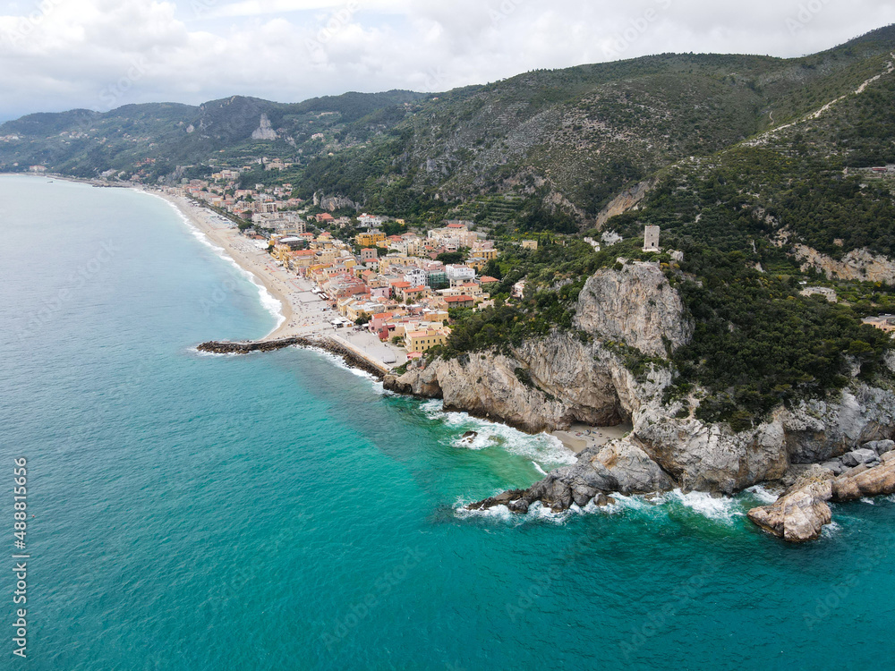 Aerial view of Varigotti in Liguria, Italy, small town on the ligurian coast. Drone photography of Varigotti, one of coolest ligurian village in north Italy, near Noli and Finale Ligure.
