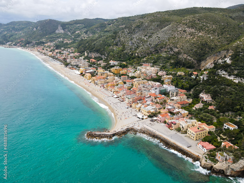 Aerial view of Varigotti in Liguria, Italy, small town on the ligurian coast. Drone photography of Varigotti, one of coolest ligurian village in north Italy, near Noli and Finale Ligure.