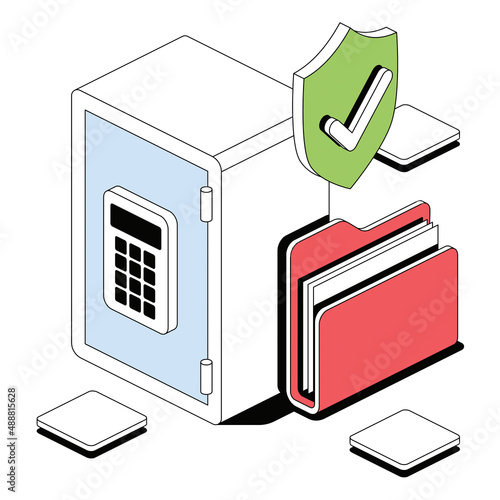 Briefcase sefe shield security. Vector 3d sketch line isometric style, color icon illustration. Creative design idea and infographics elements.